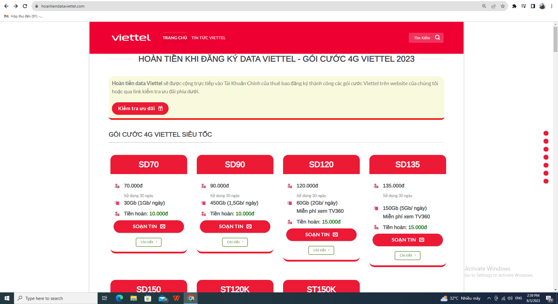 Dịch vụ đăng ký gói cước Viettel hoàn tiền data mới nhất